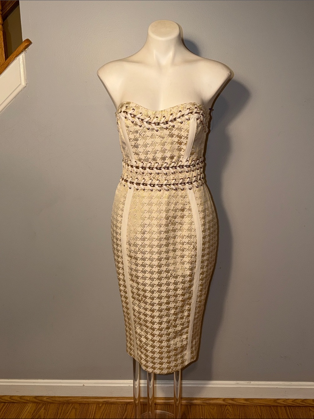 House of CB ladies cream and gold Domenica strapless dress. Medium.